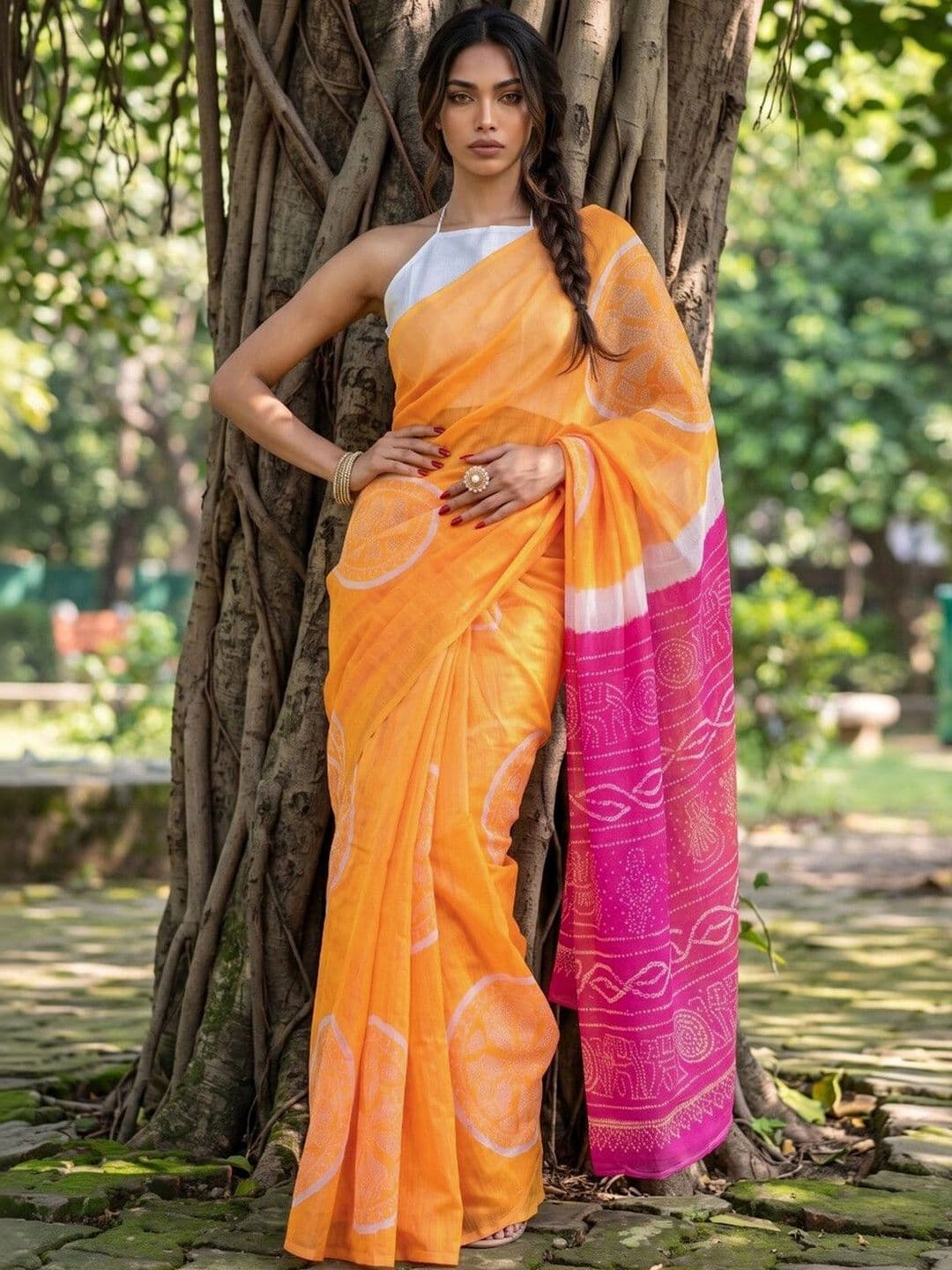 SAARA Bandhani Pure Linen Saree - view 1