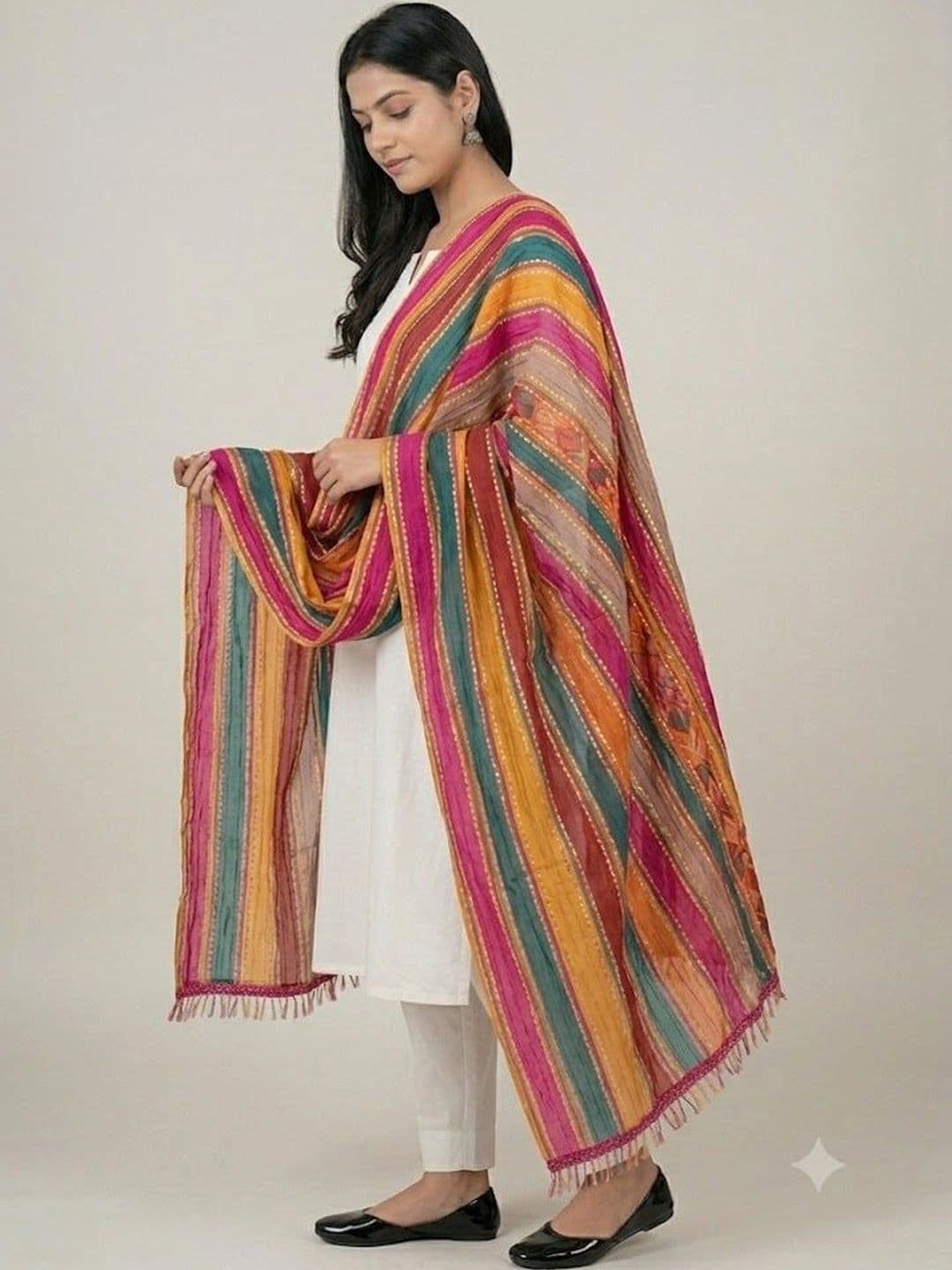 IVAARA Striped Leheriya Dupatta with Thread Work thumbnail 2