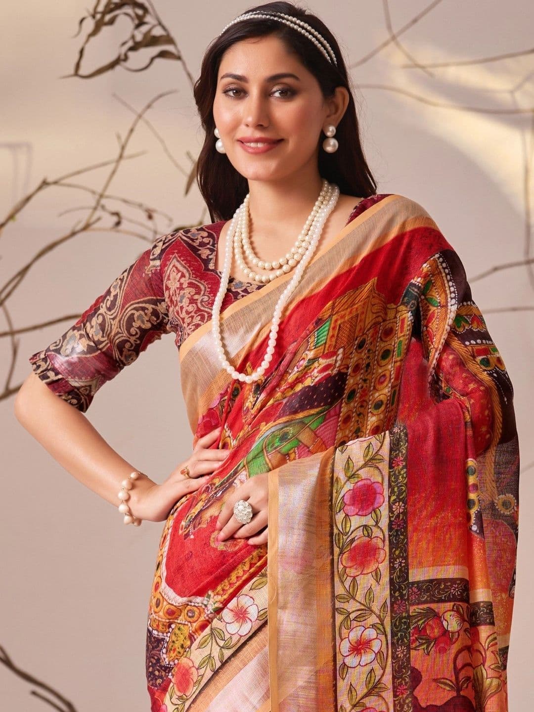 DIVASTRI Ethnic Motifs Zari Linen Blend Designer Patola Saree thumbnail 2