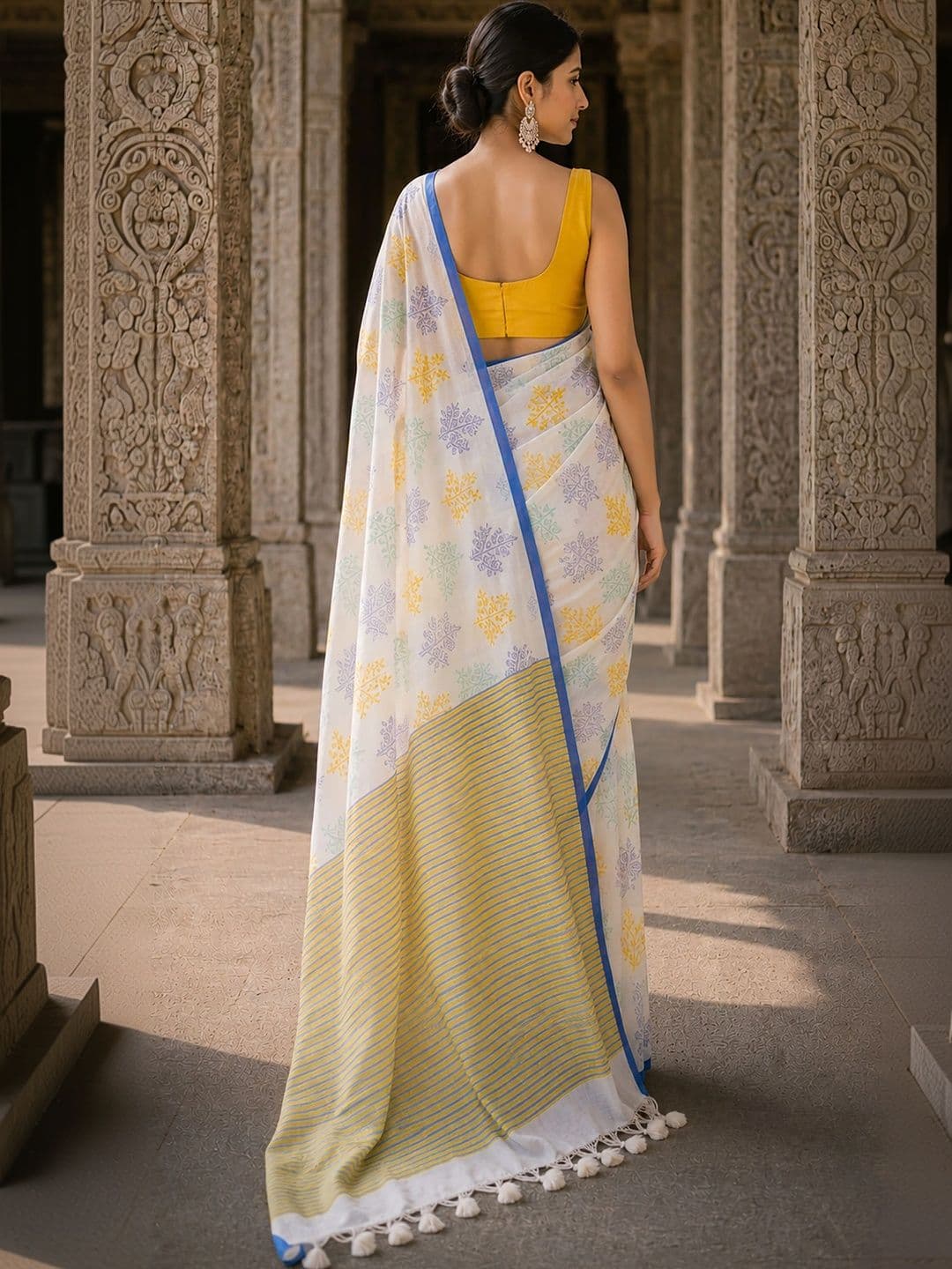KALINI Floral Linen Blend Designer Block Print Saree thumbnail 6