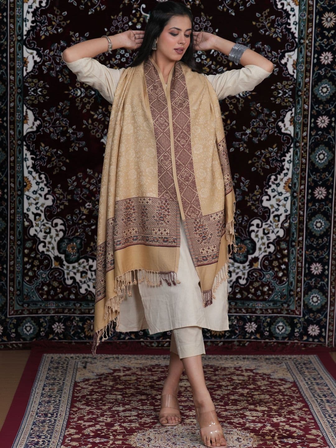 S.T. Women Ethnic Motifs Woven Design Acrylic Shawl thumbnail 3