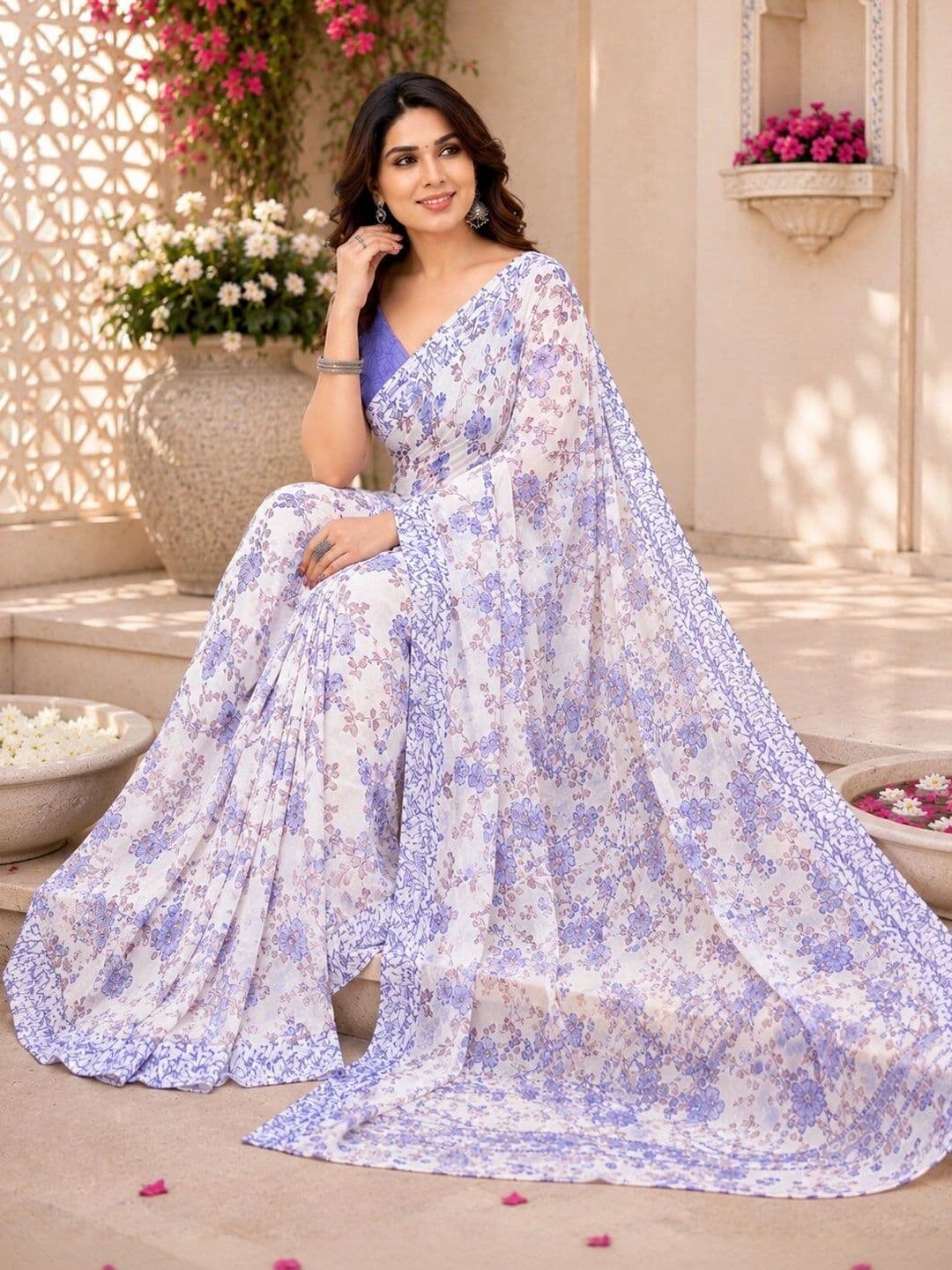 NARIVESH TRENDS Floral Poly Georgette Saree thumbnail 4