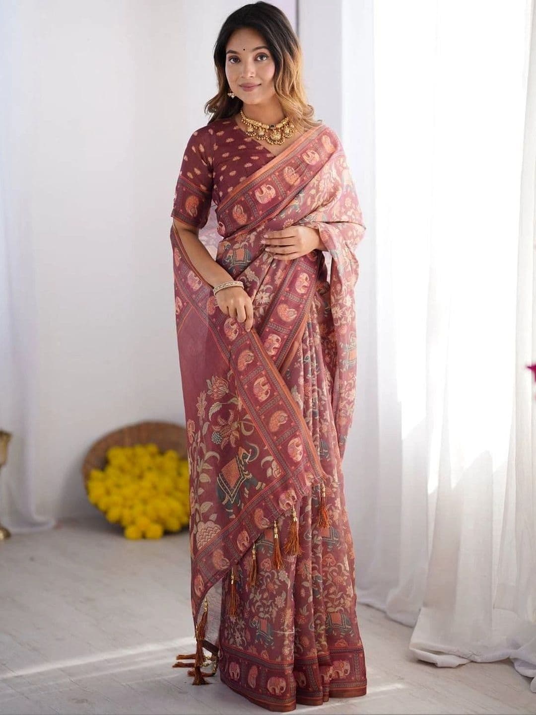 saneria silk Floral Linen Blend Bagru Saree - view 1