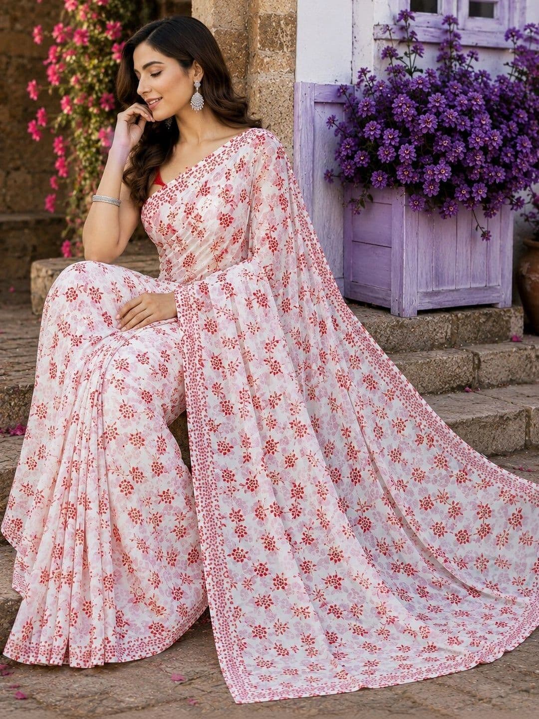 NARIVESH TRENDS Floral Poly Georgette Saree thumbnail 4