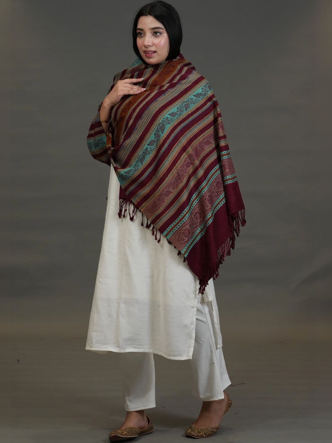 S.T. Women Striped Woven Design Acrylic Shawl thumbnail 5