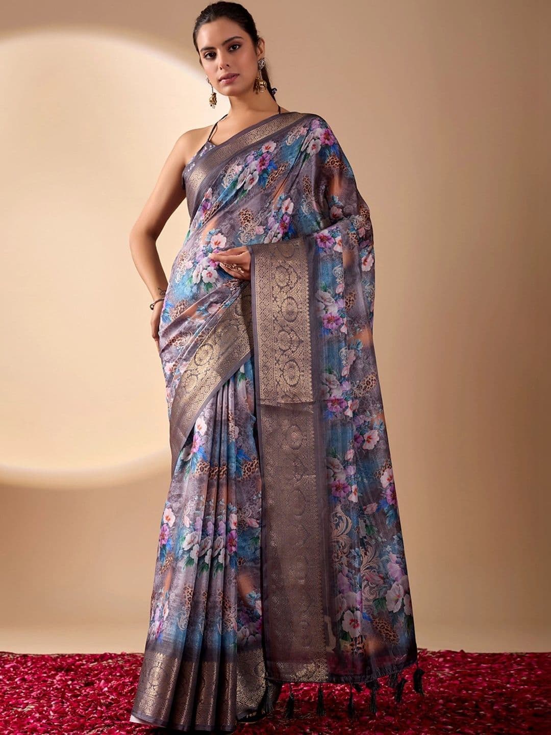 Mitera Floral Zari Silk Blend Designer Saree - view 1