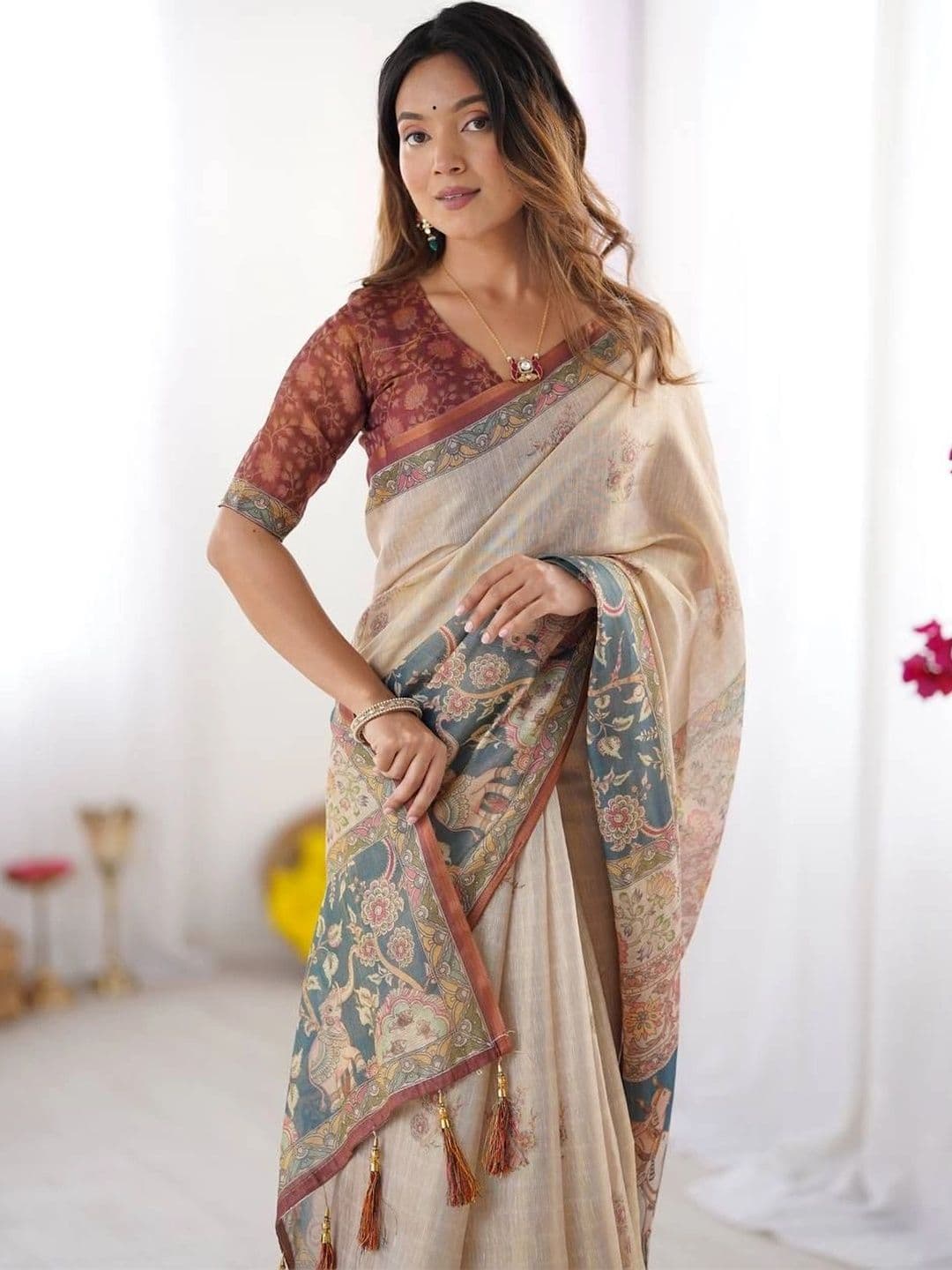 saneria silk Kalamkari Linen Blend Chanderi Saree thumbnail 2