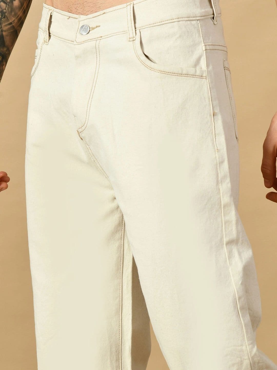 HERE&NOW Men's Beige Wash Contrast-Stitched Relaxed Straight Fit Jeans thumbnail 4