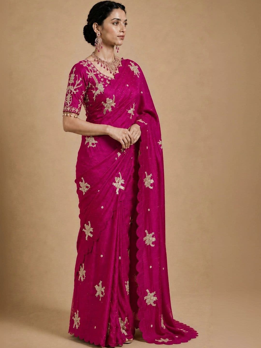 HK TEX Floral Embroidered Satin Saree thumbnail 4
