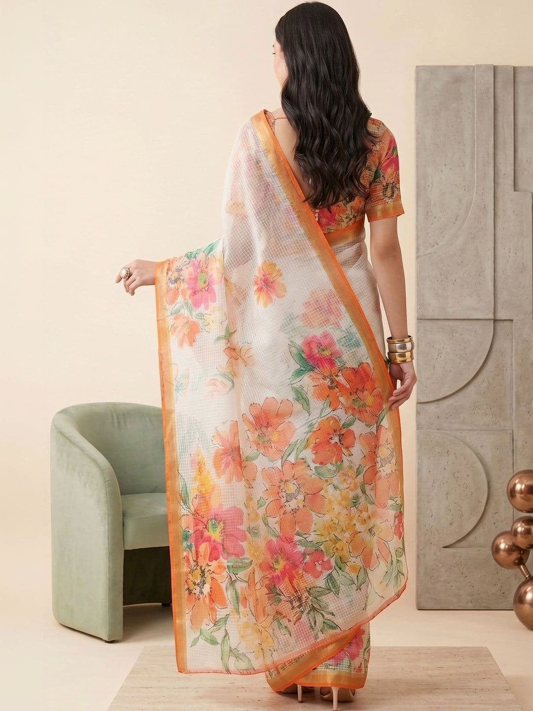elora Floral Linen Blend Handloom Saree thumbnail 4
