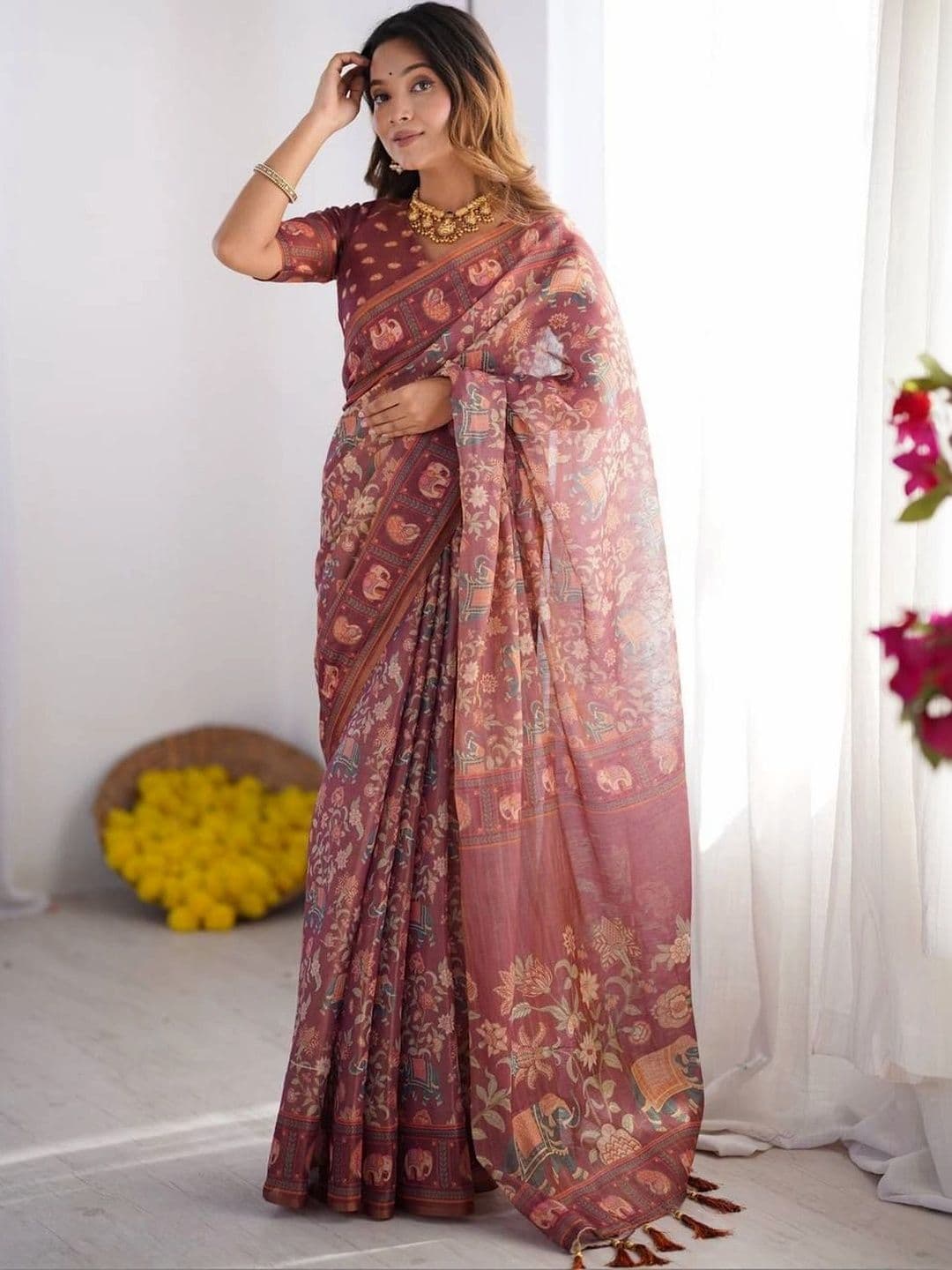 saneria silk Floral Linen Blend Bagru Saree thumbnail 4