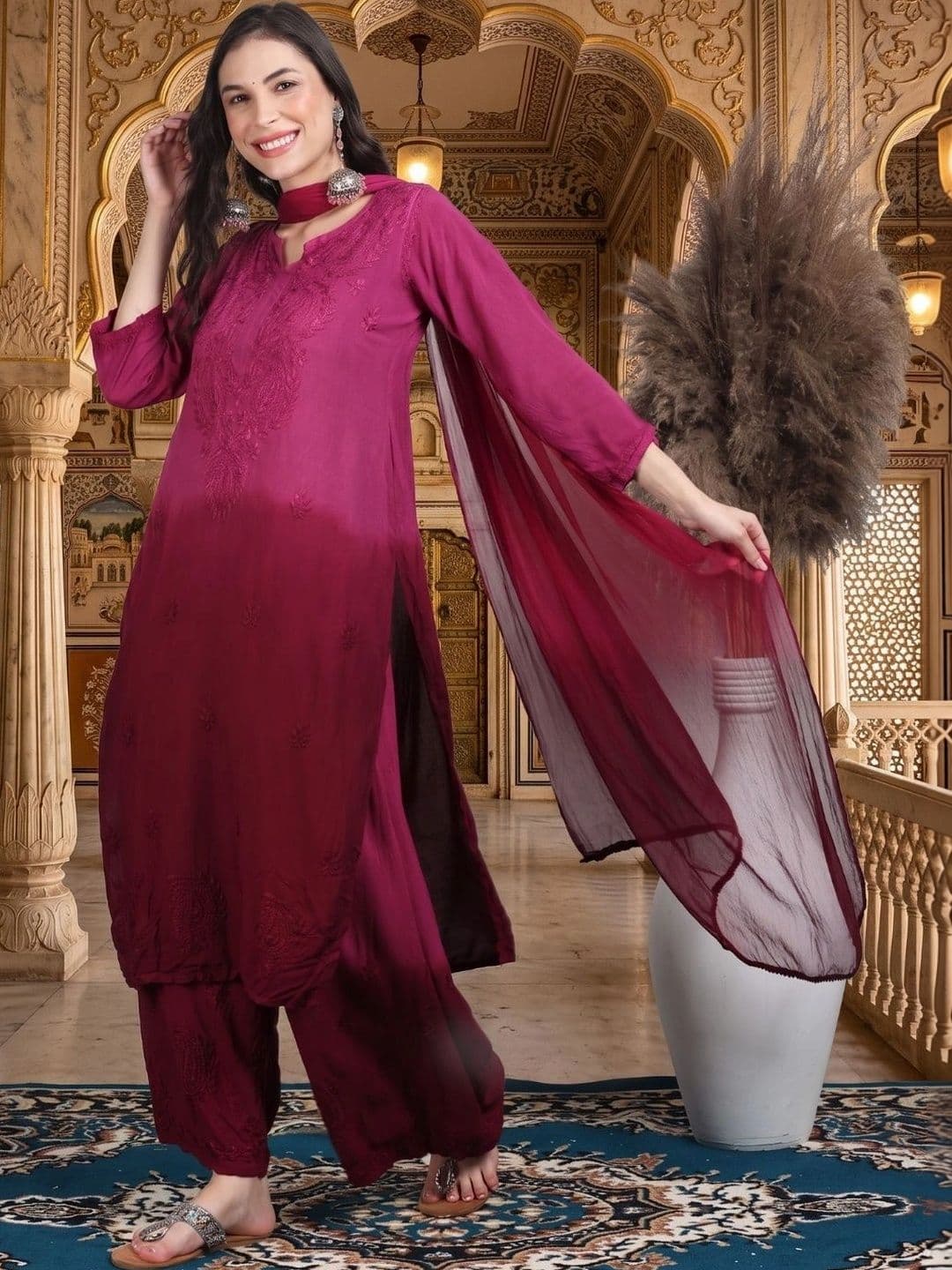 Meiraas Studios Women Ethnic Motifs Embroidered Regular Thread Work Kurta with Palazzos & With Dupatta thumbnail 2