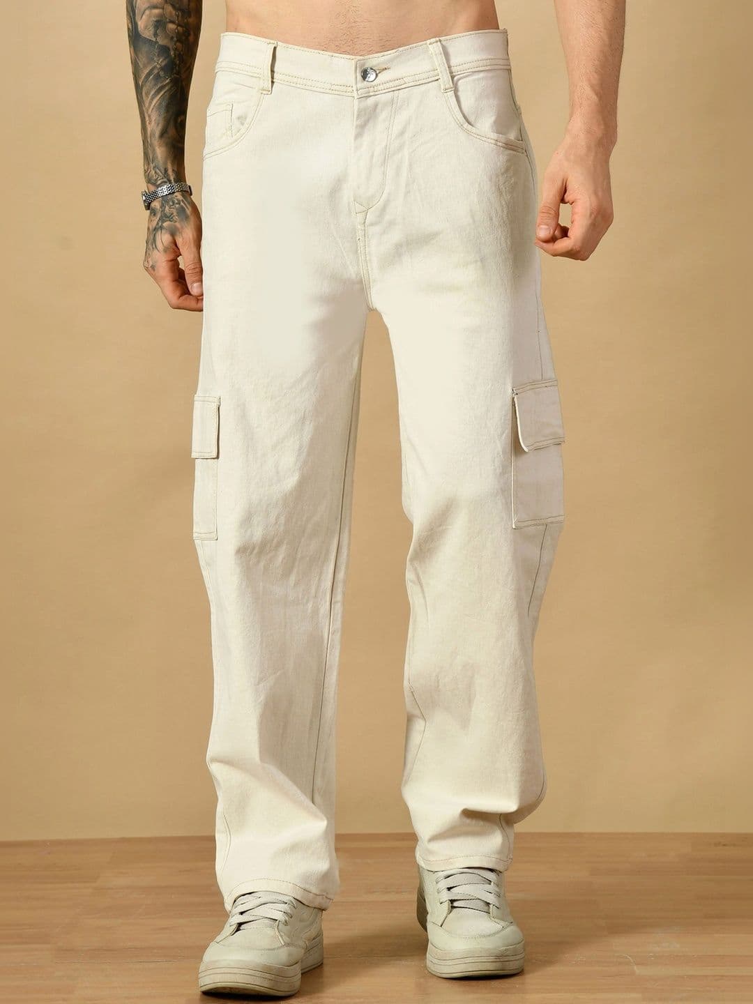 HERE&NOW Men's Contrast-Stitched Beige Cargo Wide-Leg Jeans - view 1