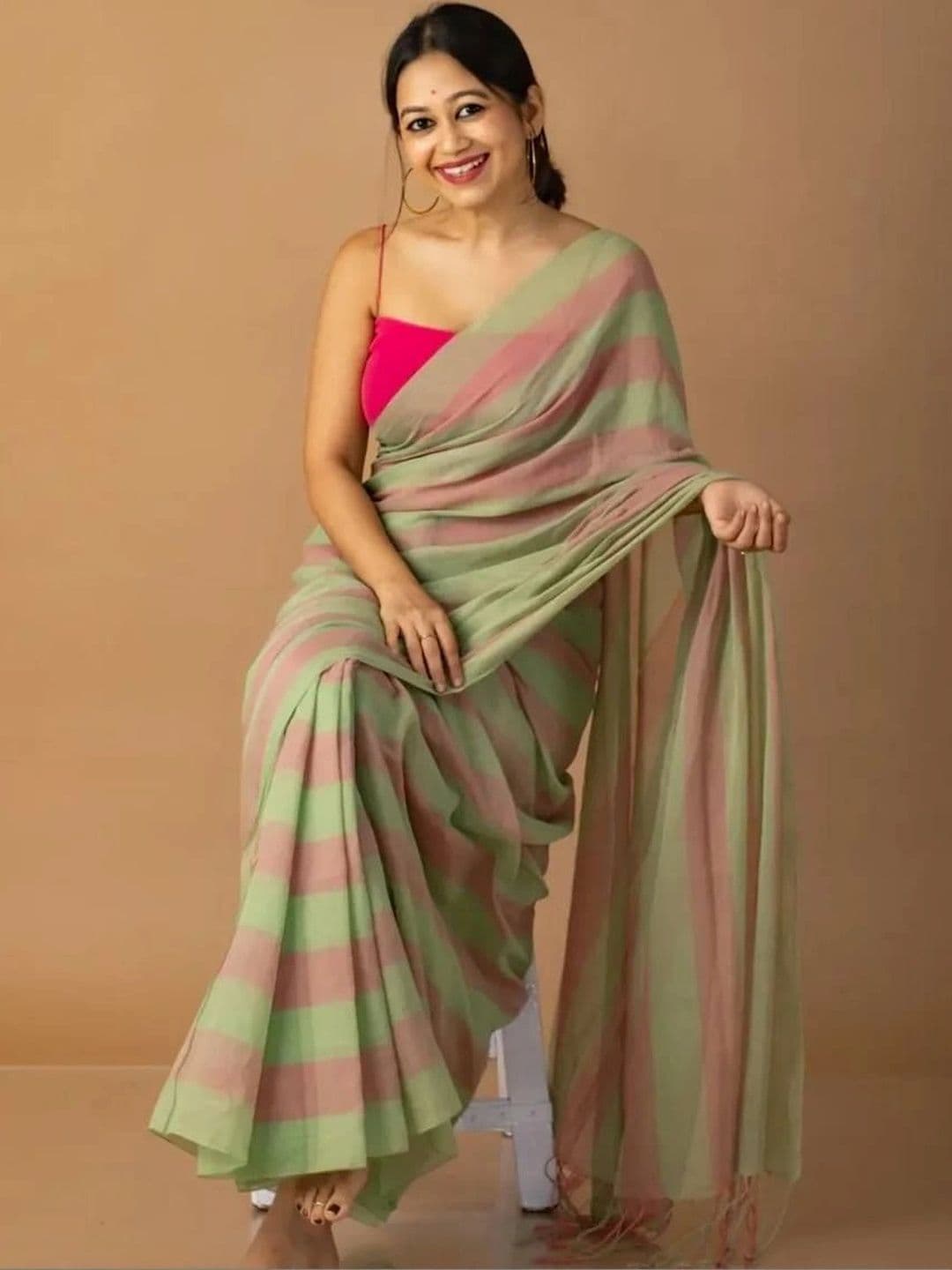 saneria silk Striped Linen Blend Taant Saree thumbnail 3