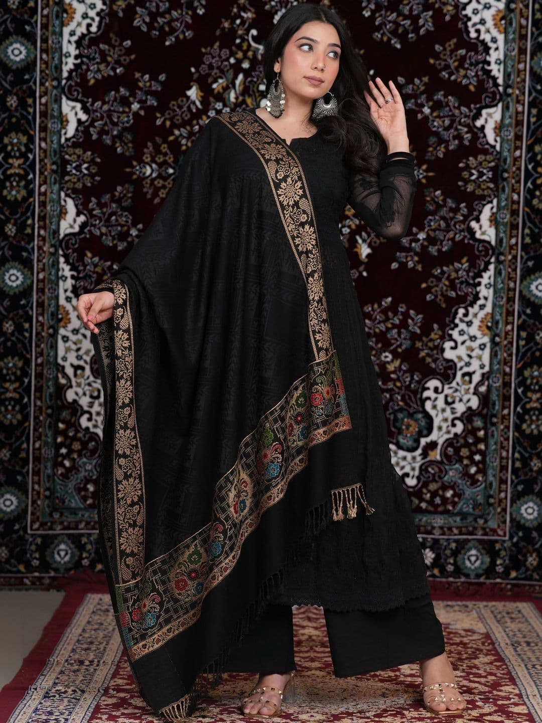 S.T. Women Ethnic Motifs Embroidered Acrylic Shawl thumbnail 2