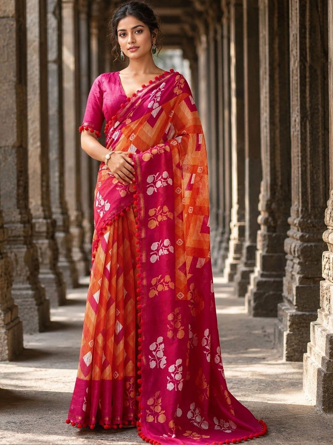 KALINI Linen Blend Designer Block Print Saree - view 1