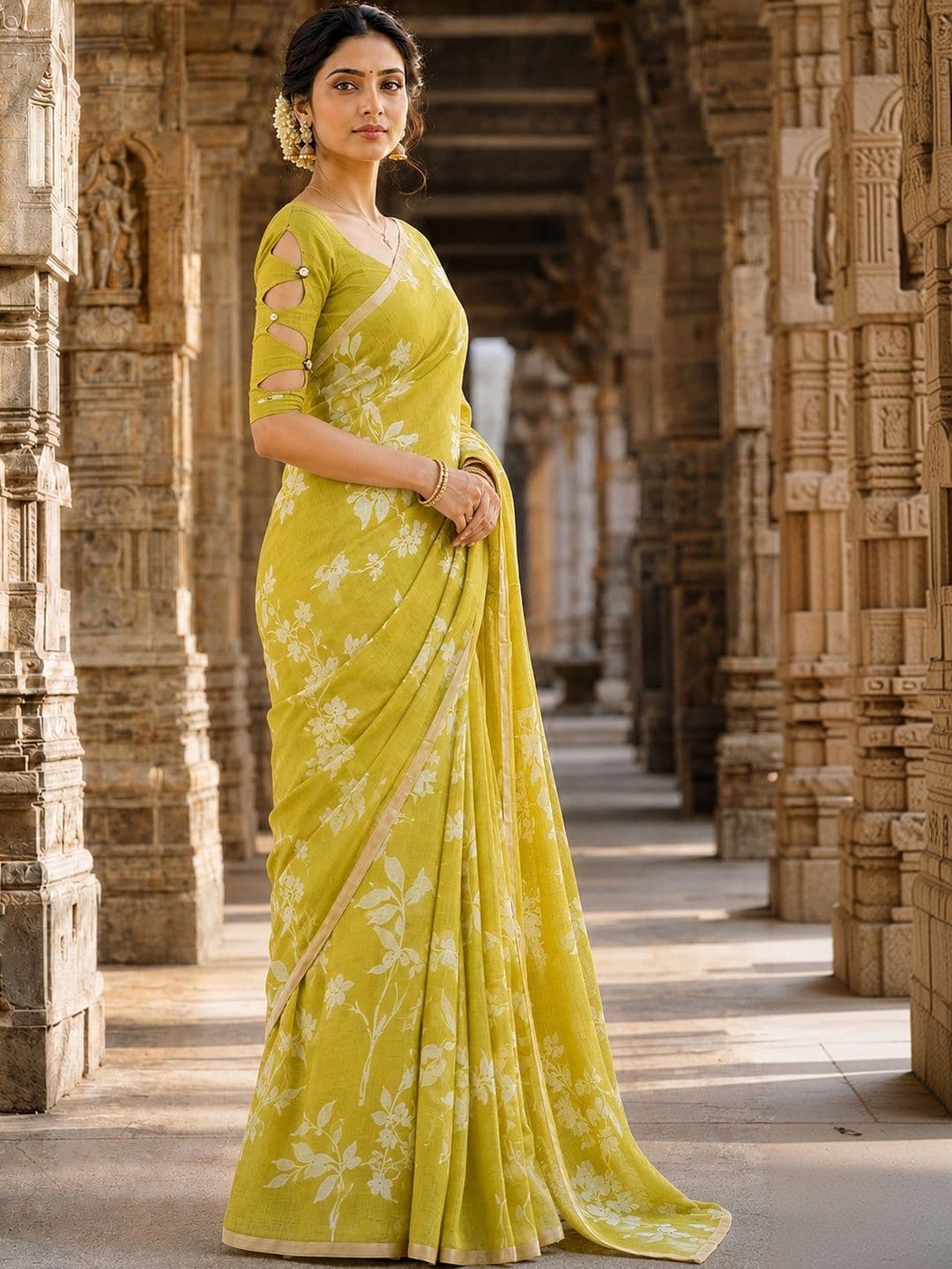 KALINI Floral Linen Blend Designer Block Print Saree thumbnail 5