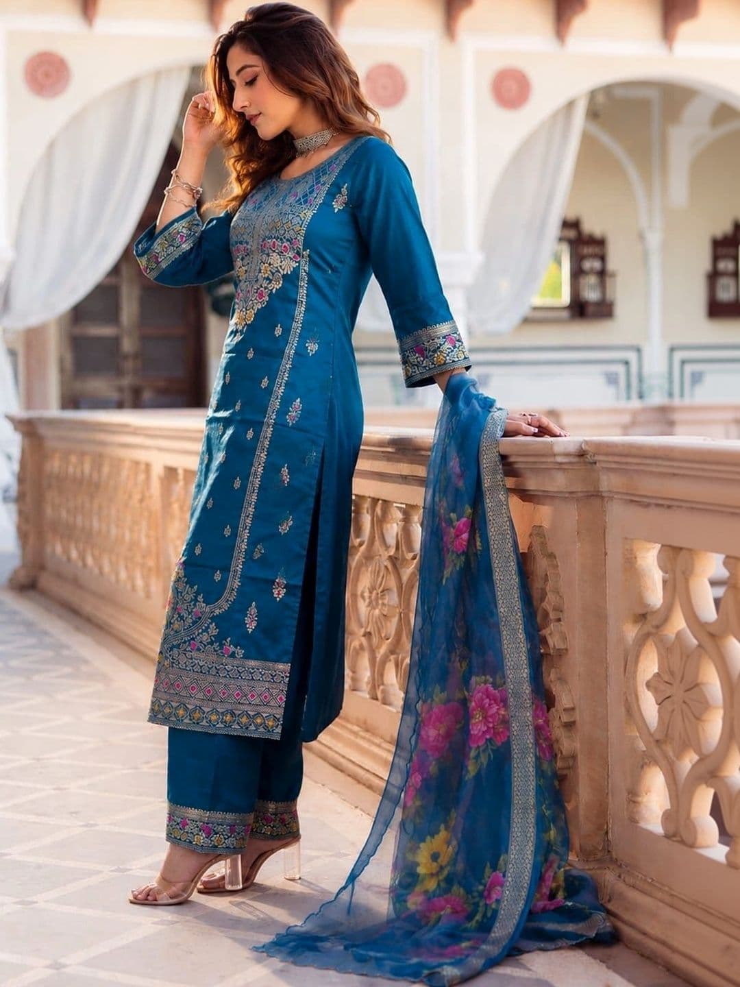 KALINI Women Ethnic Motifs Embroidered Regular Thread Work Kurta with Trousers & With Dupatta thumbnail 3