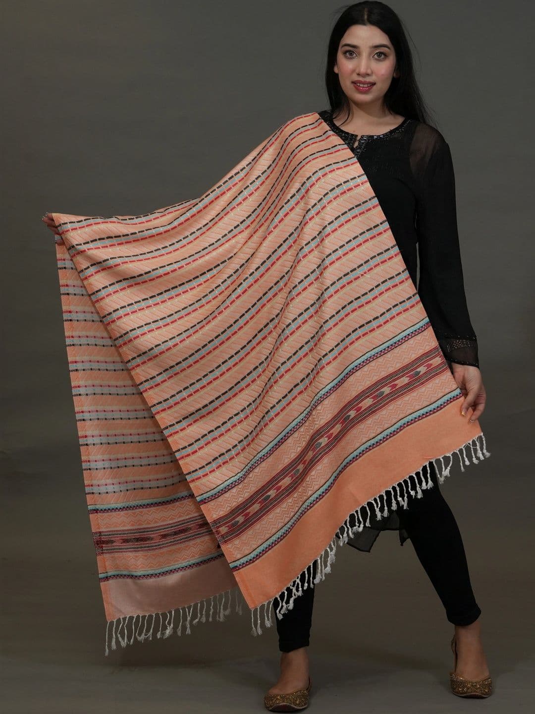 SHIFNEEN Women Striped Woven Design Acrylic Shawl - view 1