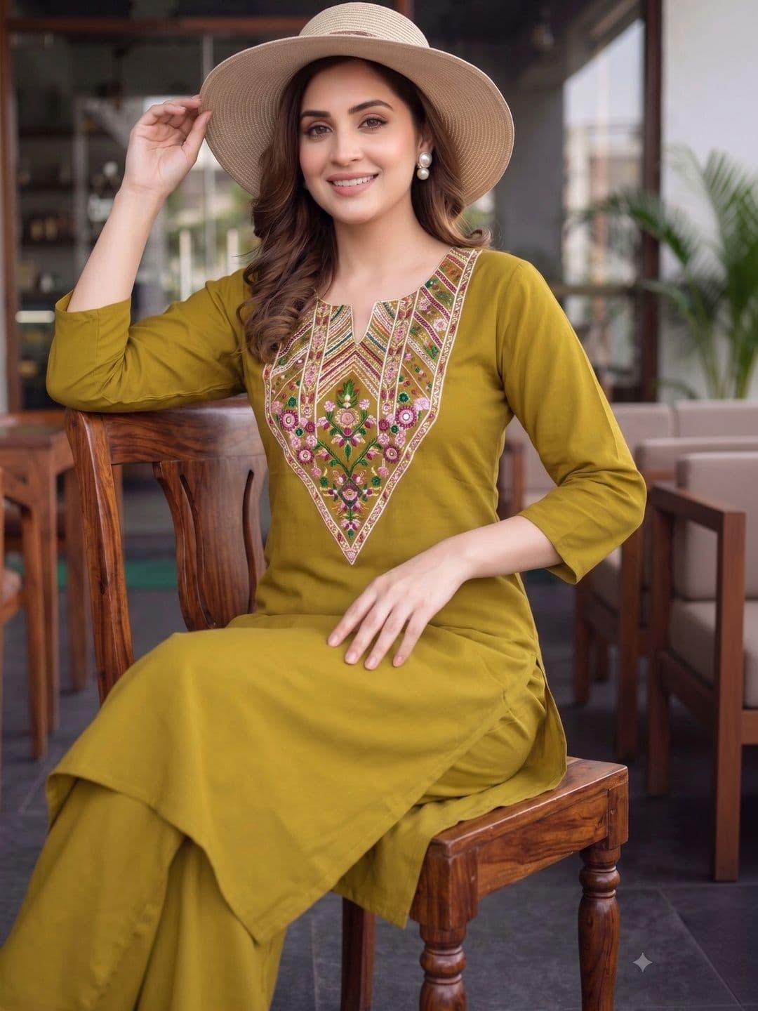 KASTURUM Women Ethnic Motifs Embroidered Regular Thread Work Pure Cotton Kurta with Palazzos thumbnail 4