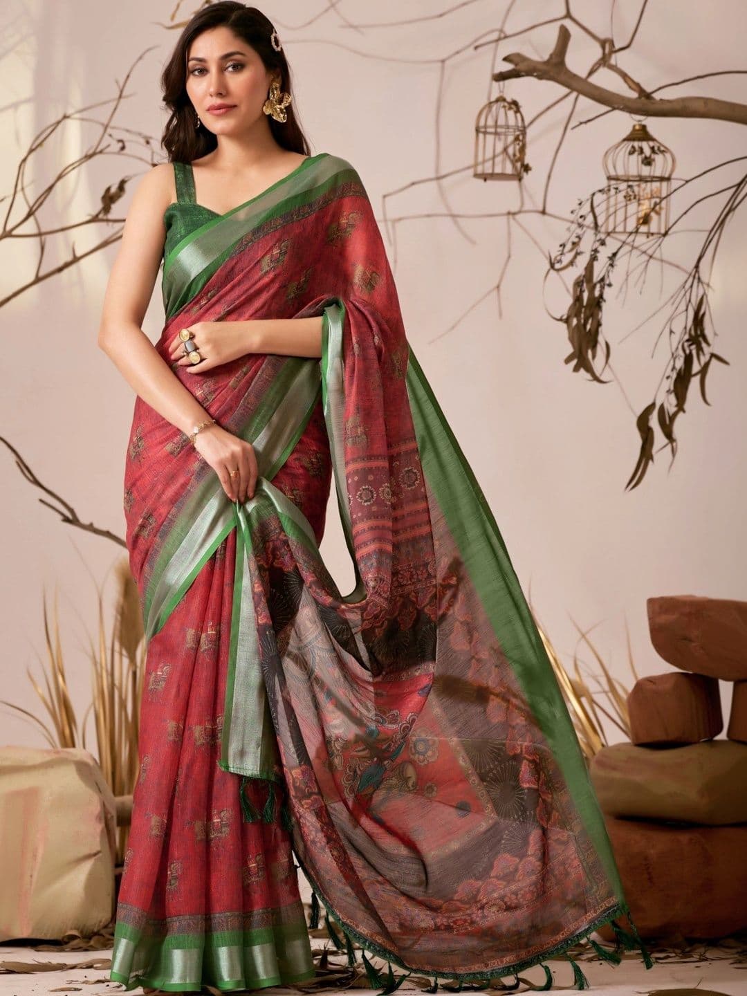DIVASTRI Ethnic Motifs Linen Blend Designer Patola Saree - view 1