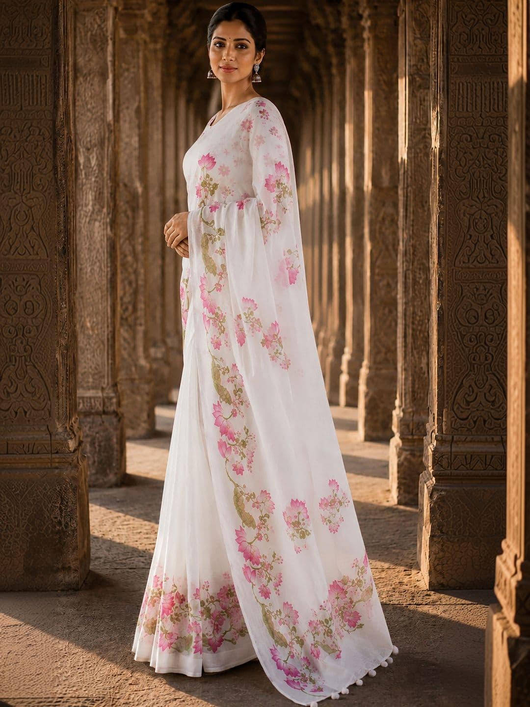 KALINI Floral Linen Blend Designer Block Print Saree thumbnail 6