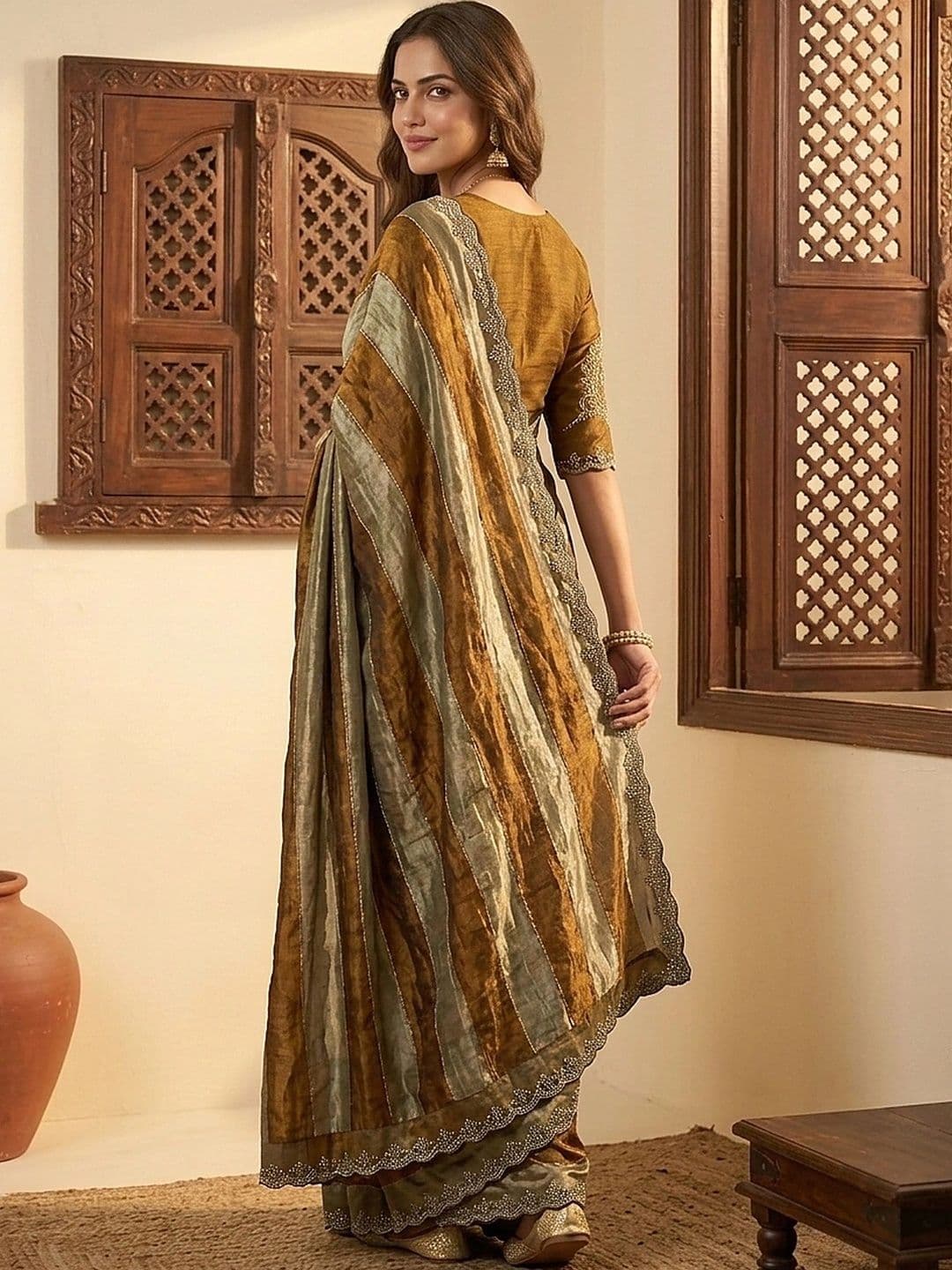 all about you Striped Beads and Stones Silk Blend Fusion Saree thumbnail 2