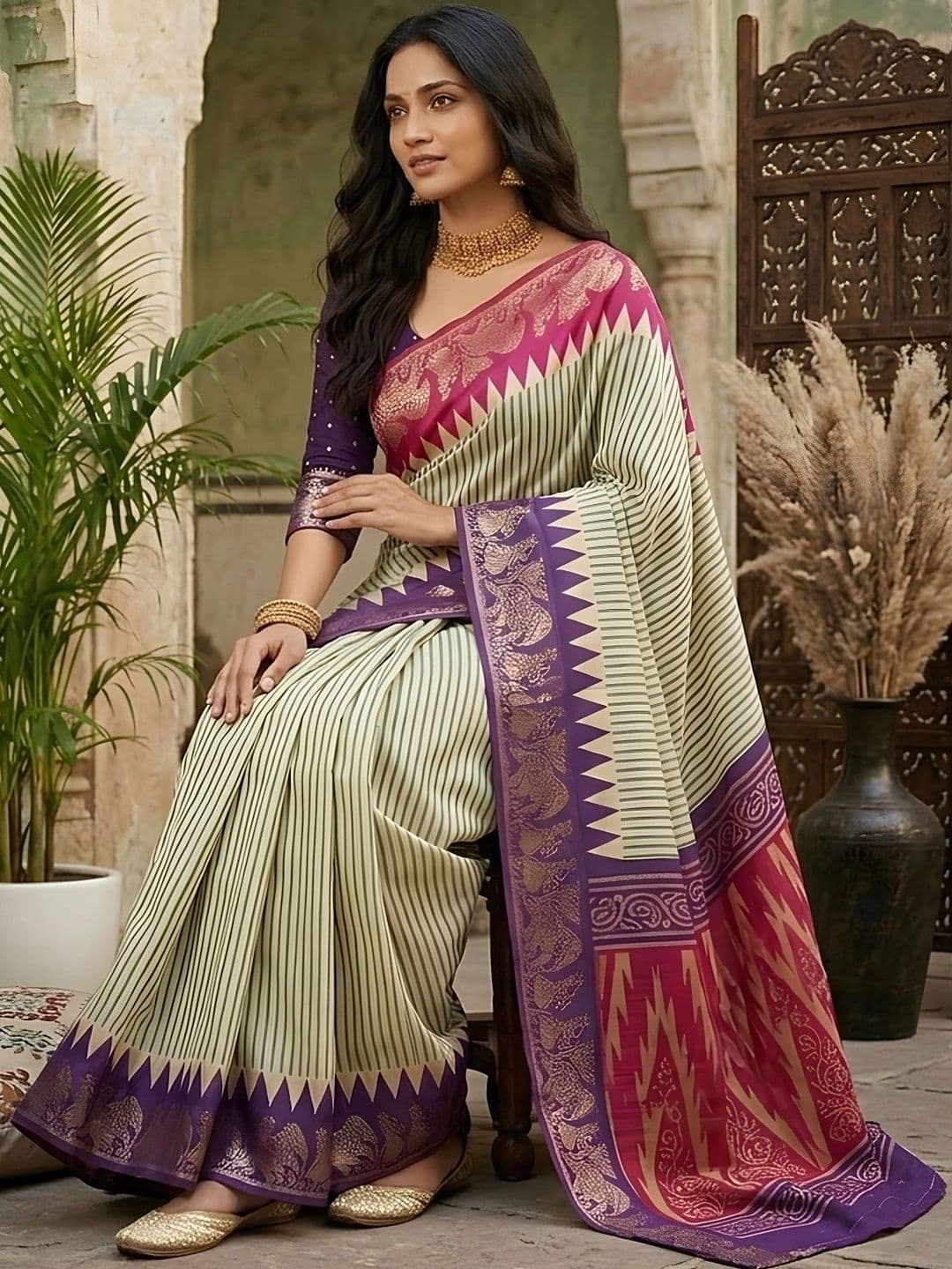 Mitera Striped Zari Silk Blend Designer Saree thumbnail 2