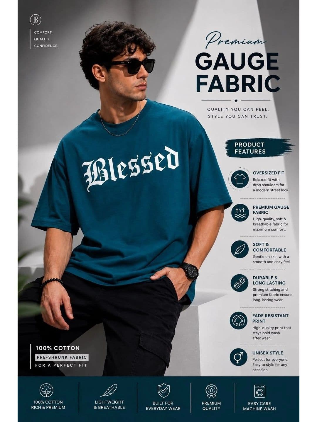 POPPYDOMS Men's Oversized Typography Print T-shirt thumbnail 3