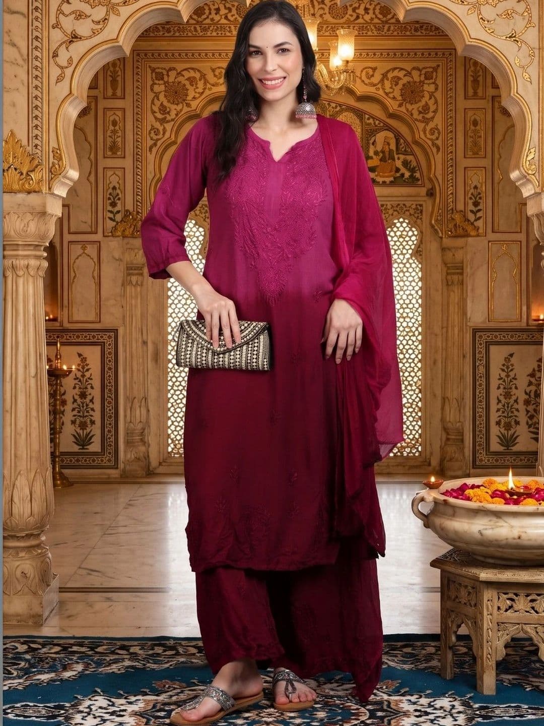 Meiraas Studios Women Ethnic Motifs Embroidered Regular Thread Work Kurta with Palazzos & With Dupatta - view 1