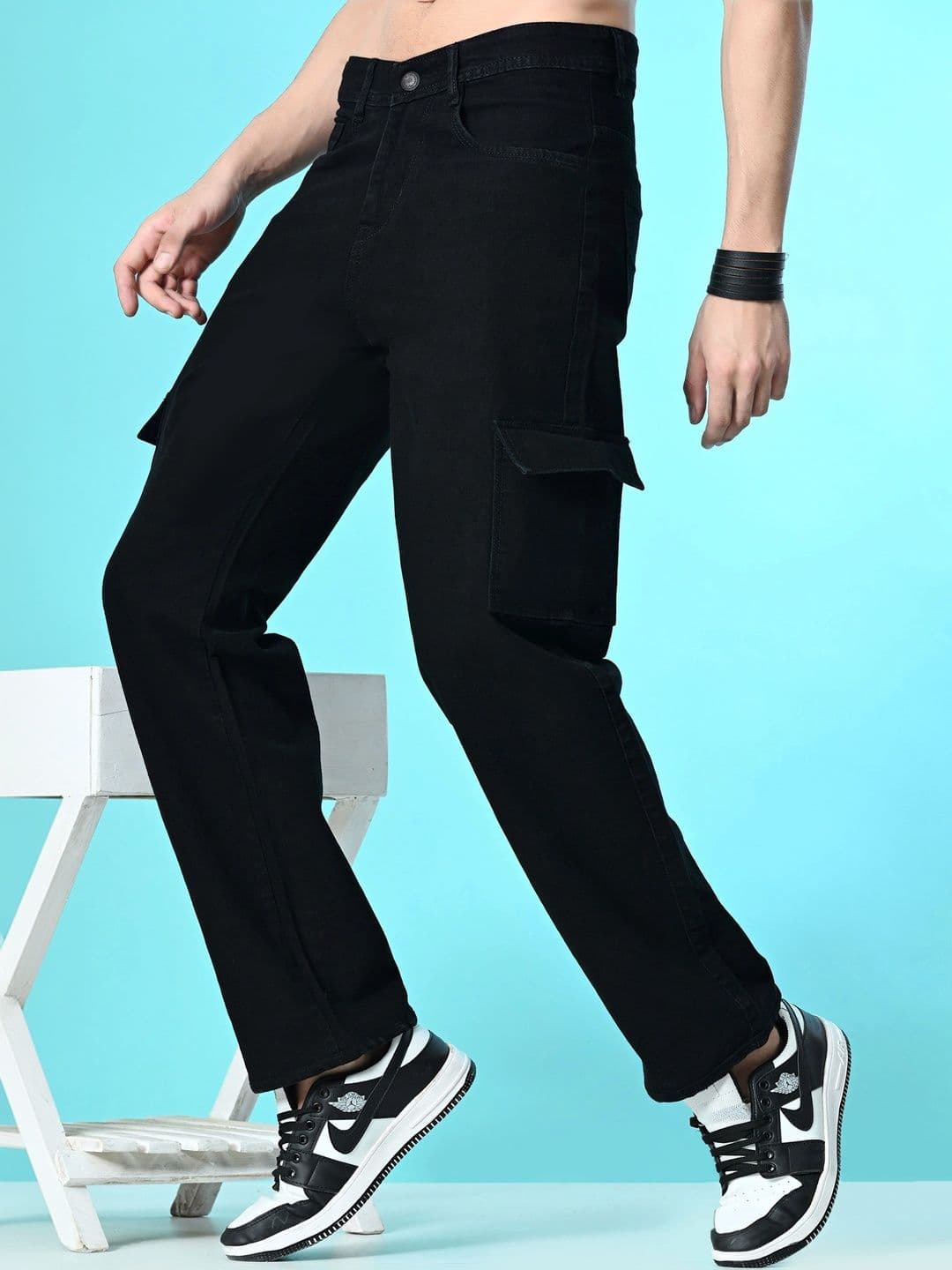 HERE&NOW Men's Jet Black Cargo Wide-Leg Fit Jeans thumbnail 4