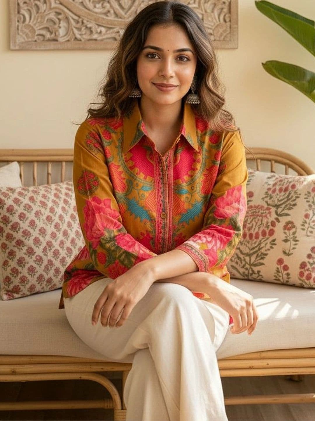 Anouk Floral Printed Shirt Collar Pure Cotton Blend Kurti thumbnail 4