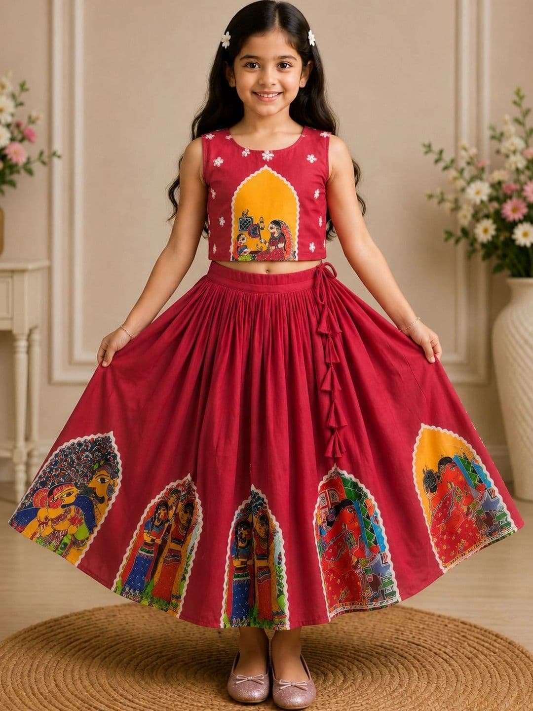 KALINI Girls Printed Kalamkari Ready to Wear Lehenga & - view 1