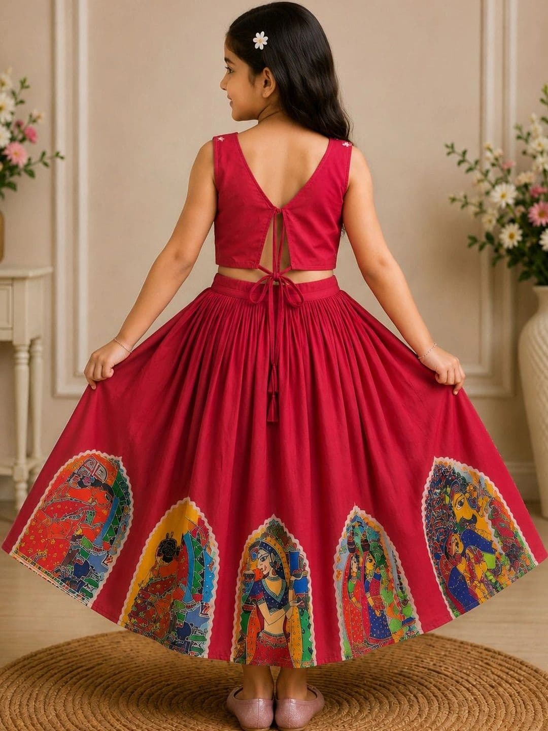 KALINI Girls Printed Kalamkari Ready to Wear Lehenga & thumbnail 4