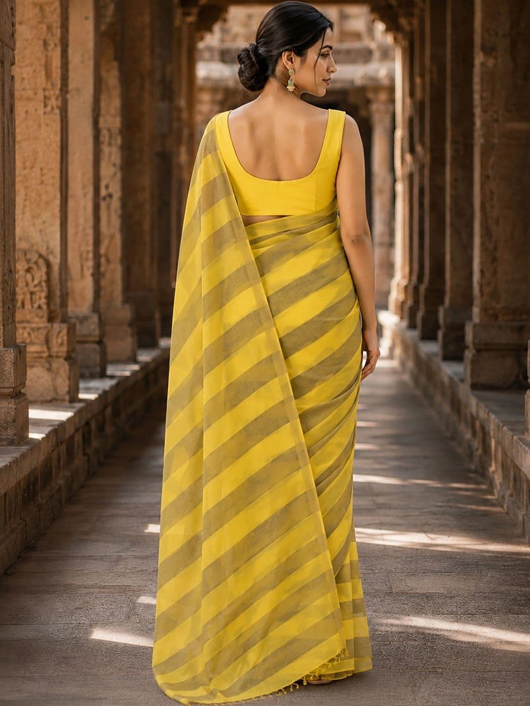 KALINI Striped Linen Blend Designer Block Print Saree thumbnail 6