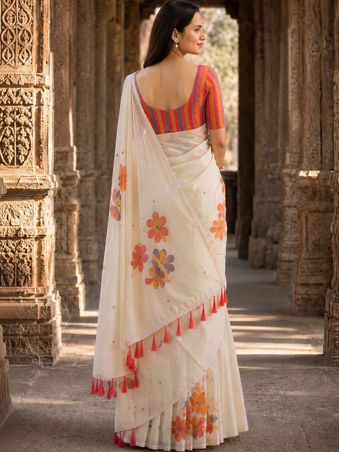 KALINI Linen Blend Designer Block Print Saree thumbnail 3