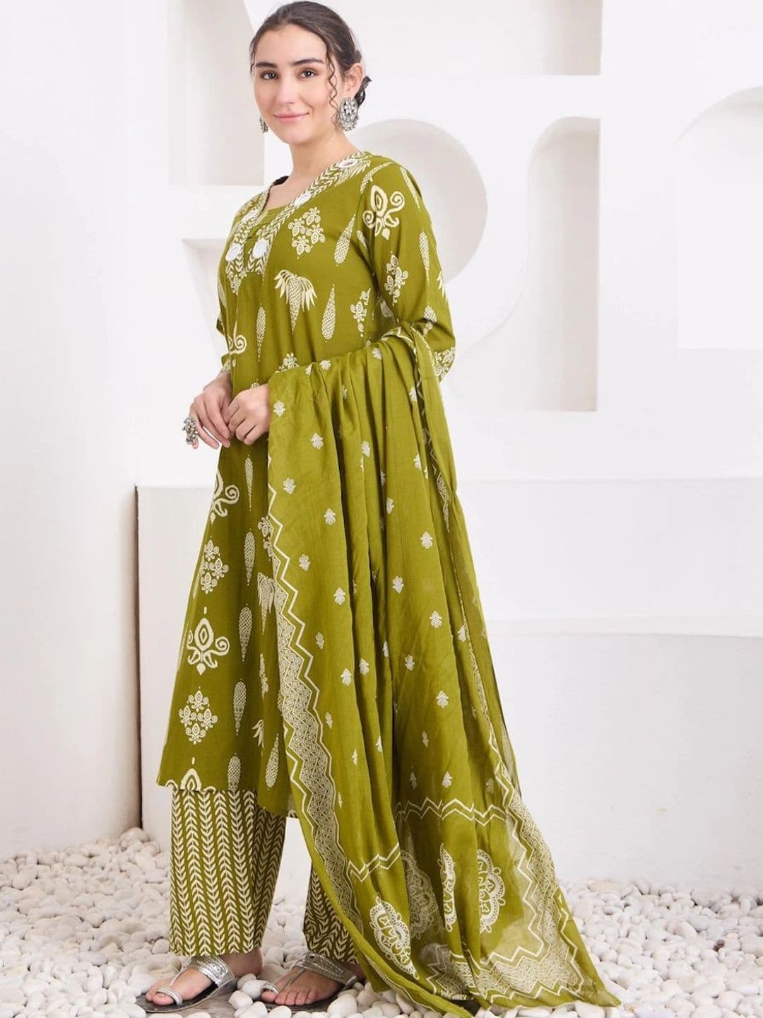 KALINI Women Ethnic Motifs Printed Regular Mirror Work Pure Cotton Kurta with Trousers & With Dupatta thumbnail 6