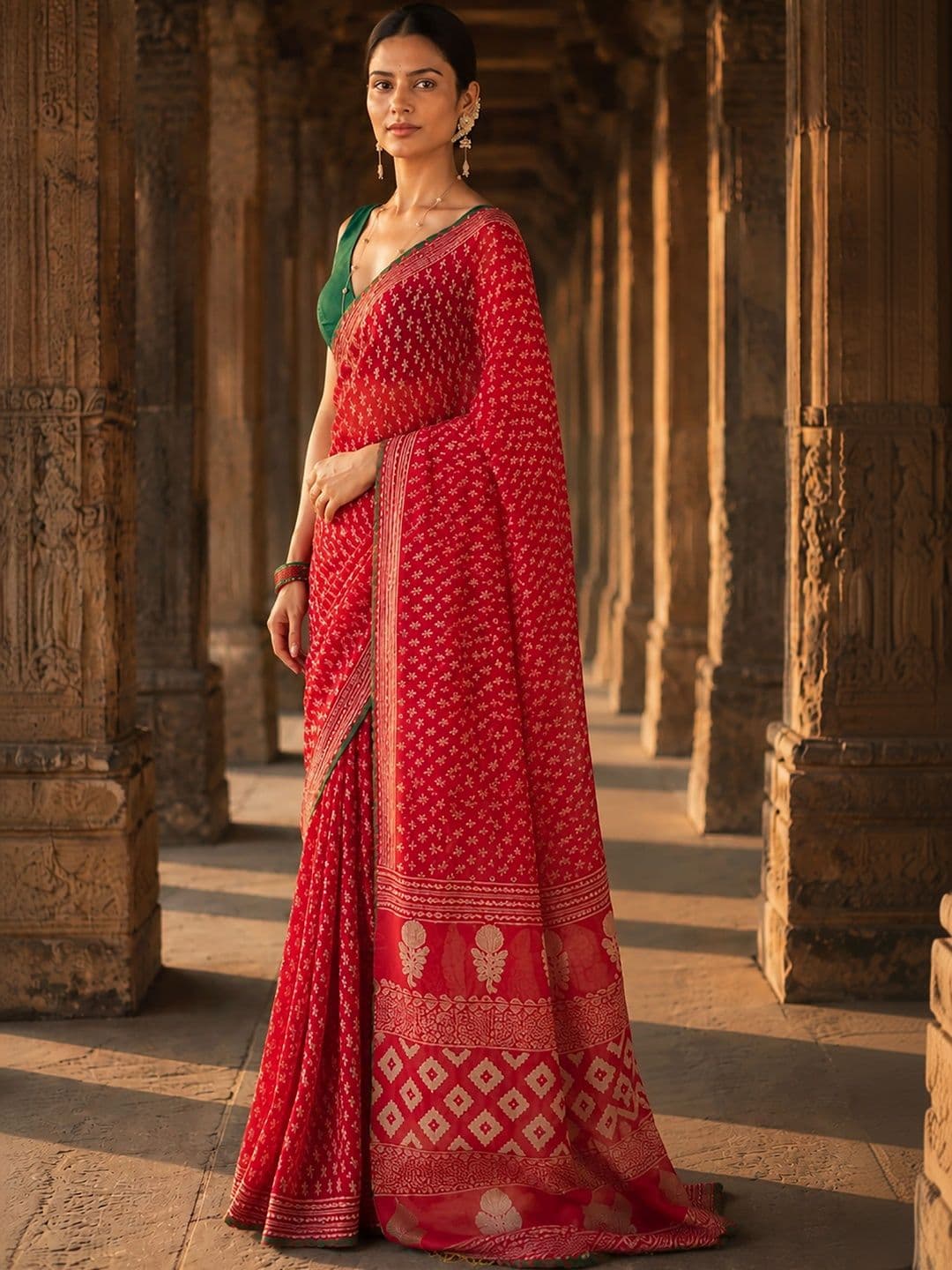 KALINI Bandhani Zari Linen Blend Designer Block Print Saree thumbnail 2