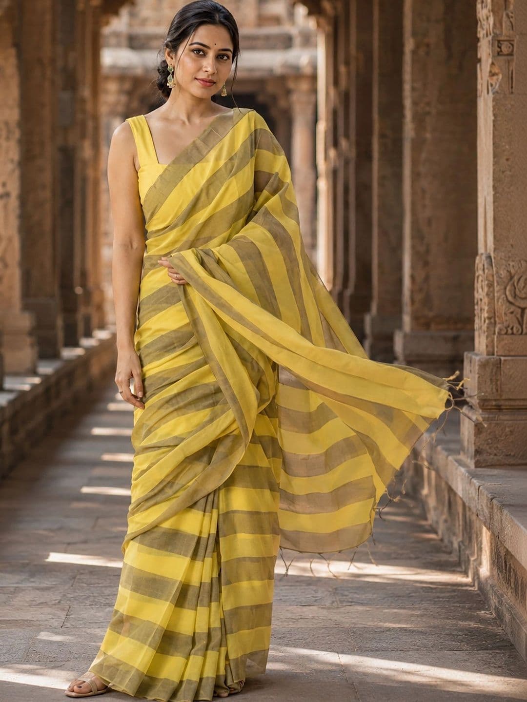 KALINI Striped Linen Blend Designer Block Print Saree thumbnail 5