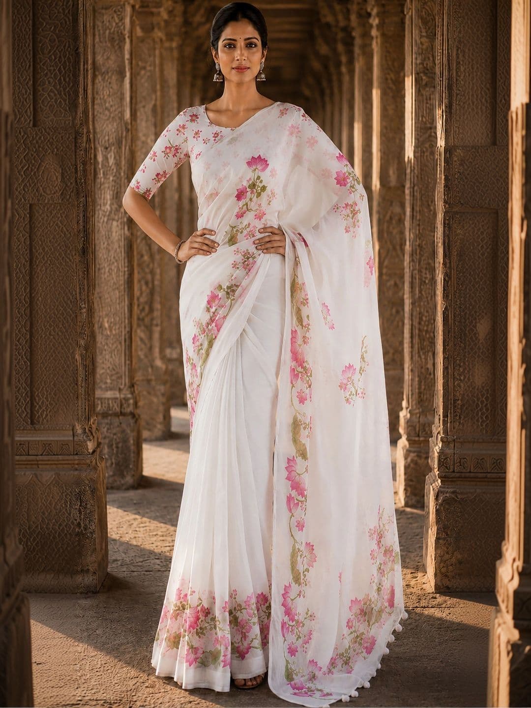 KALINI Floral Linen Blend Designer Block Print Saree thumbnail 2
