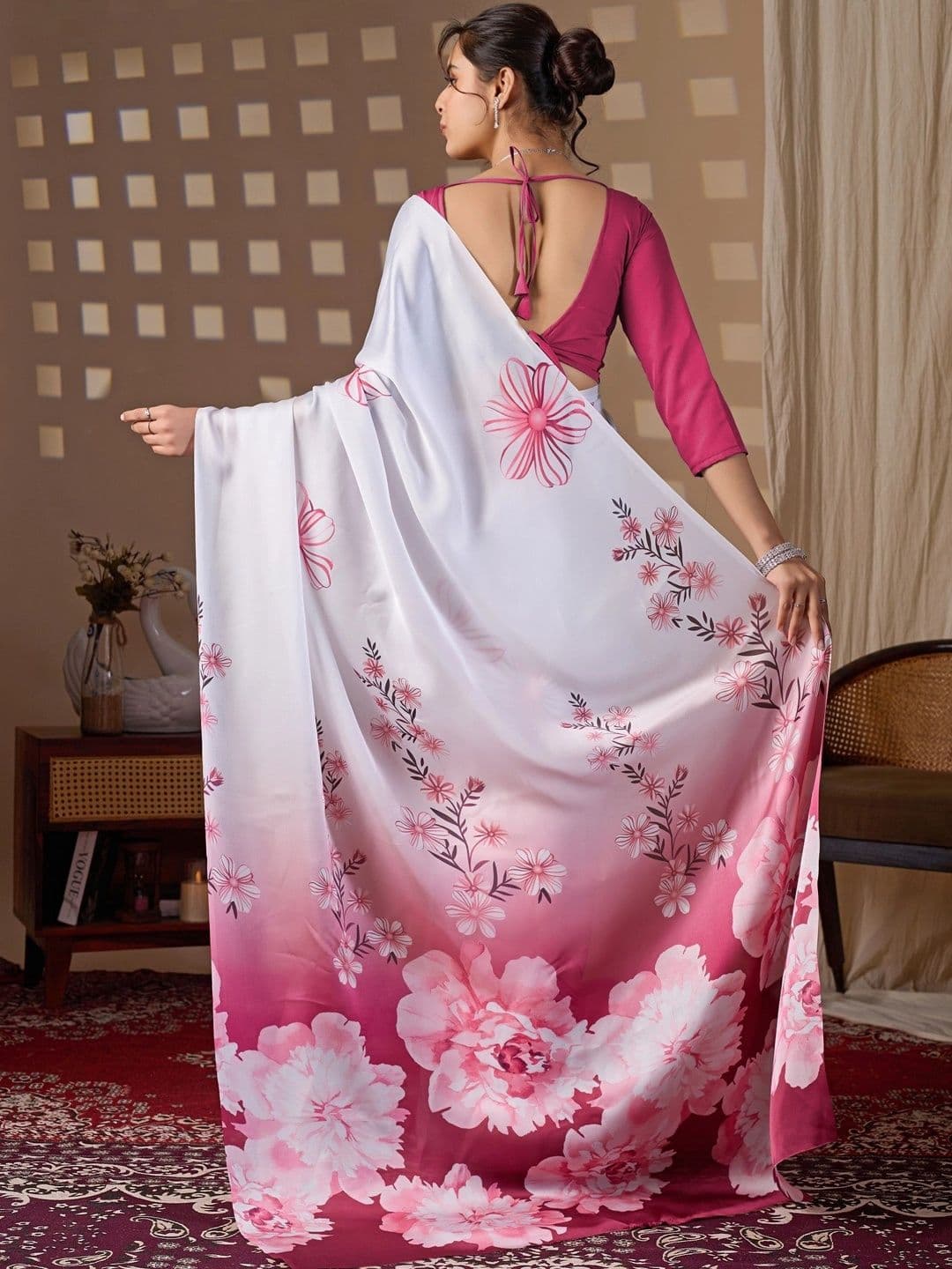 Mitera Floral Satin Fusion Saree thumbnail 4