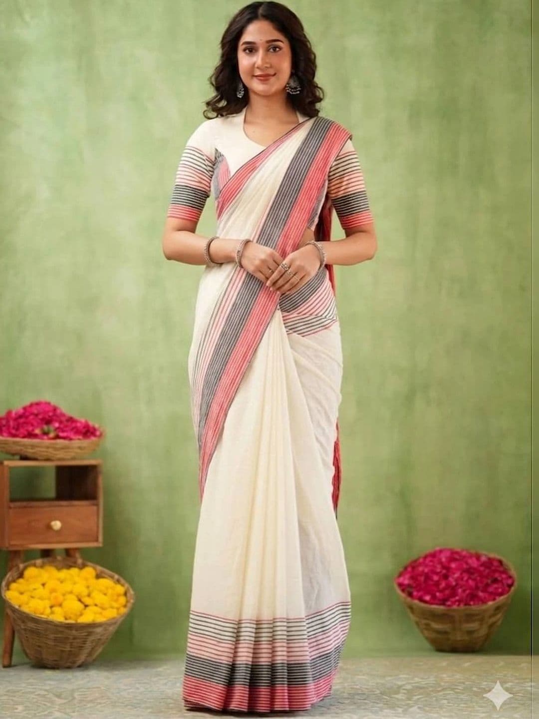 saneria silk Striped Linen Blend Taant Saree - view 1