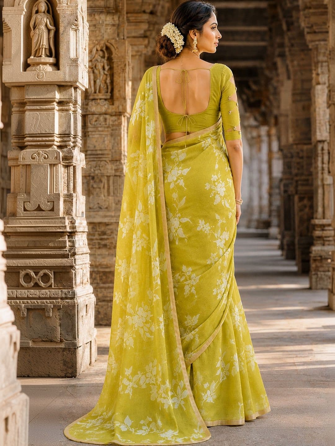 KALINI Floral Linen Blend Designer Block Print Saree thumbnail 3