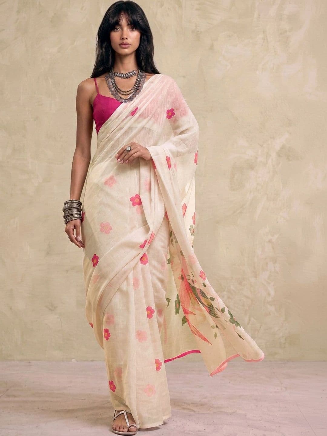 SAARA Floral Pure Linen Saree thumbnail 5