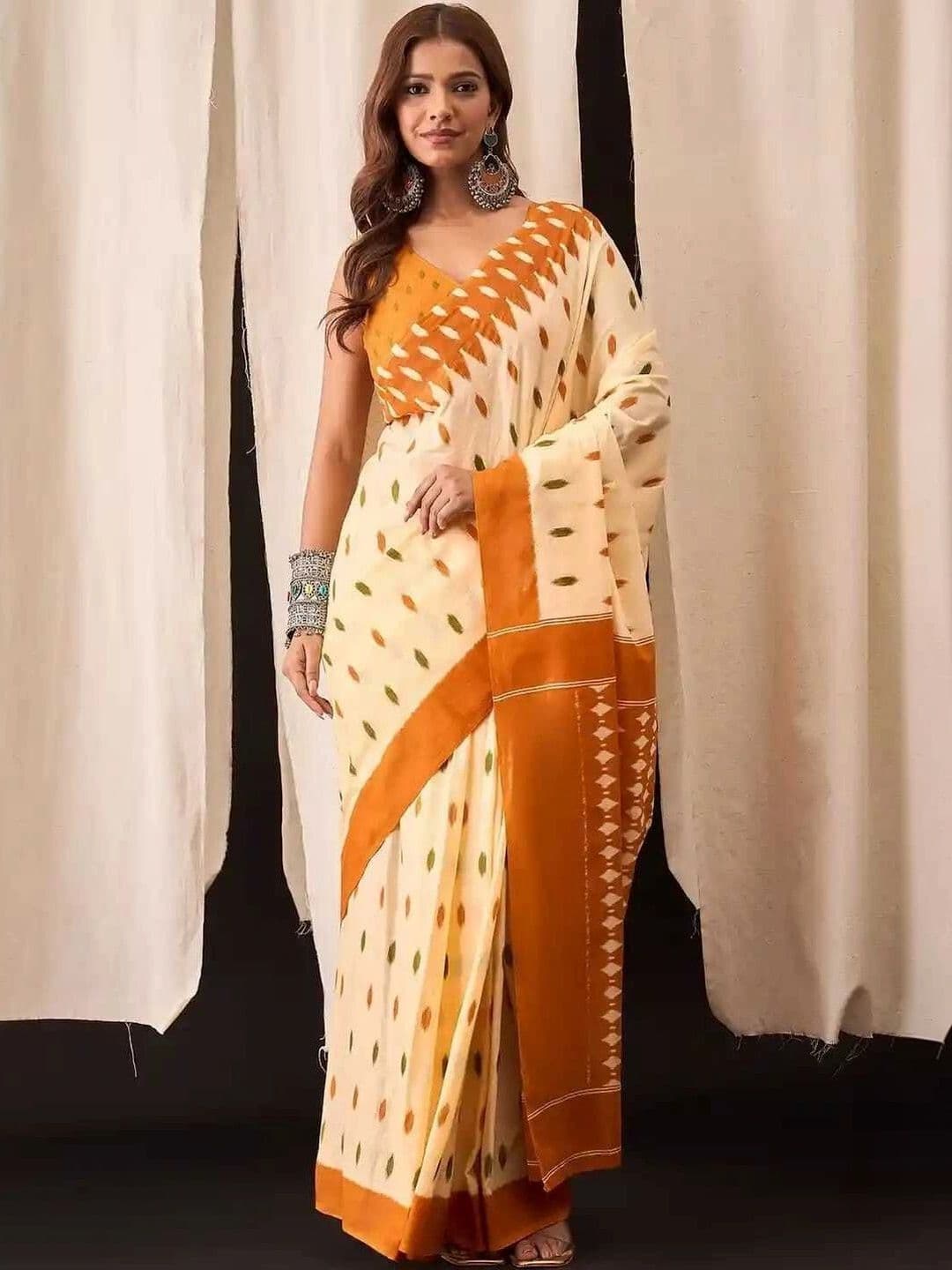 Mitita Fashion Women Cream & Orange Ikat Geometric Printed Cotton Saree - view 1