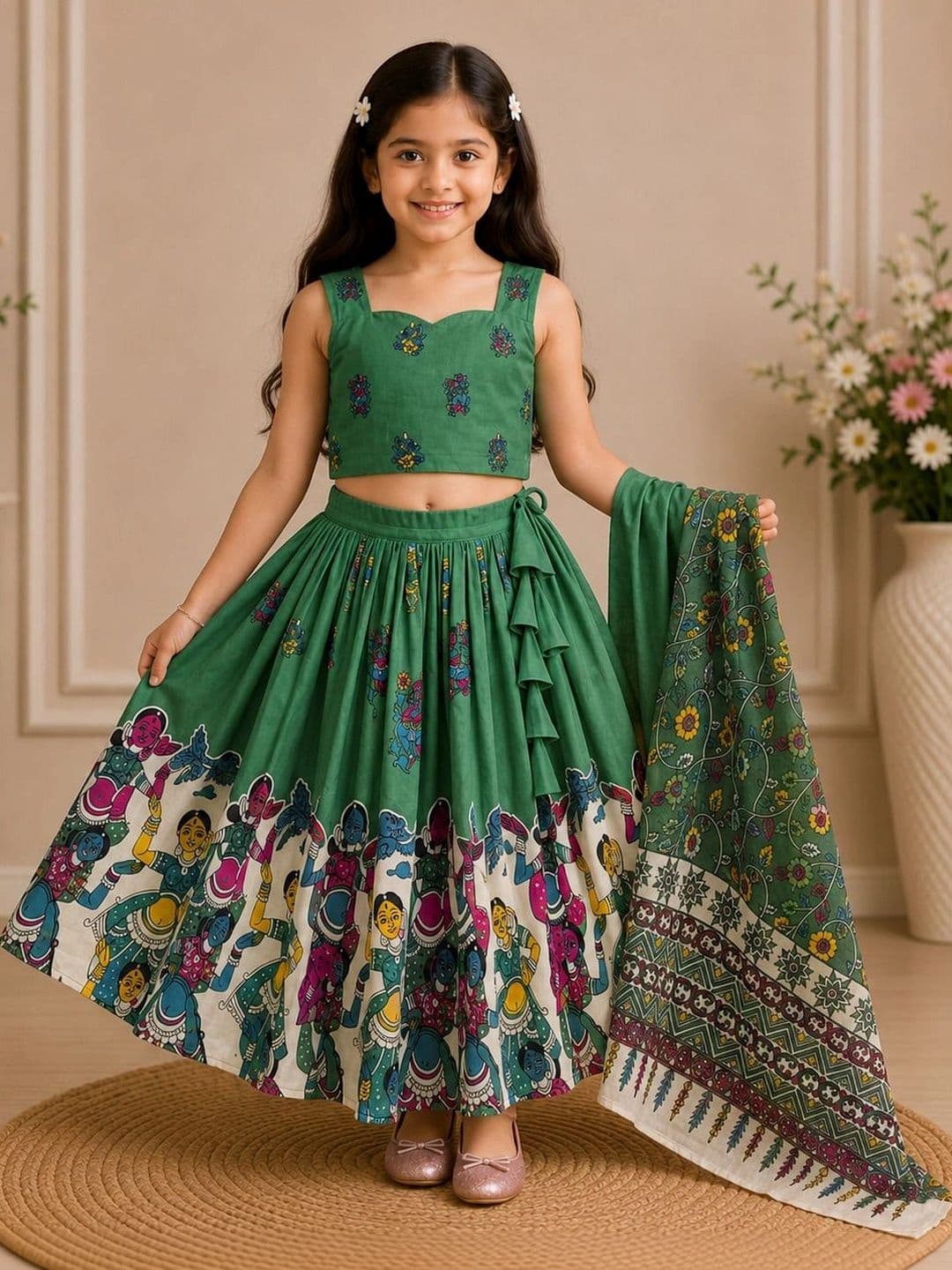 KALINI Girls Printed Kalamkari Ready to Wear Lehenga & Blouse With Dupatta - view 1