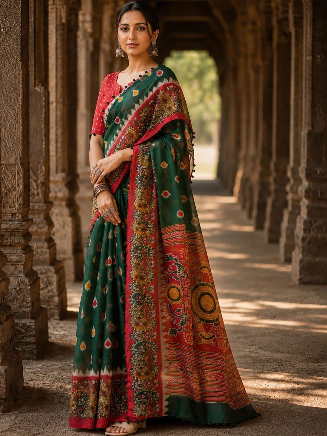 KALINI Linen Blend Designer Block Print Saree - view 1