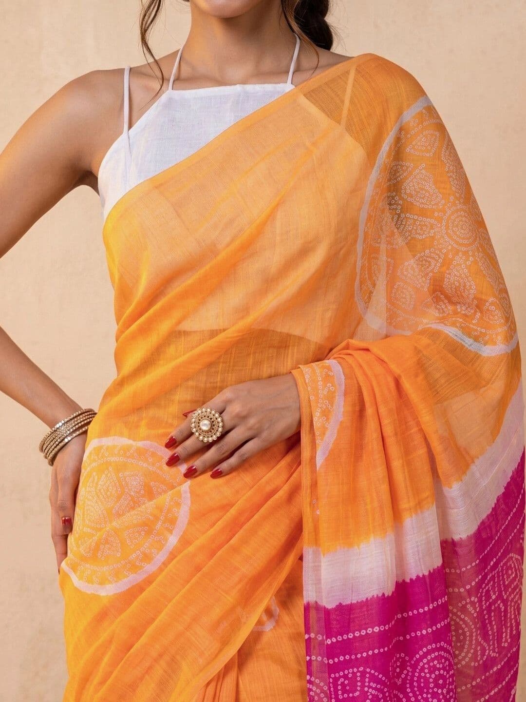 SAARA Bandhani Pure Linen Saree thumbnail 7