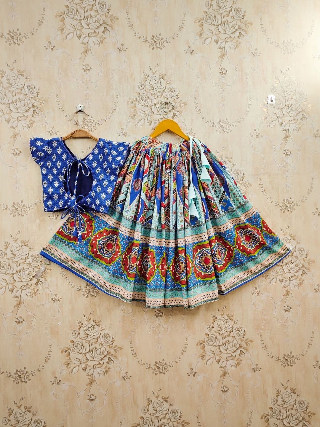 KALINI Girls Printed Block Print Ready to Wear Lehenga & thumbnail 2