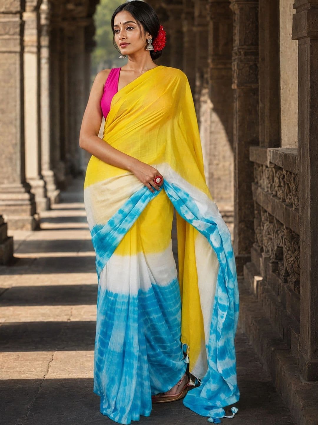 KALINI Tie and Dye Linen Blend Designer Block Print Saree thumbnail 2